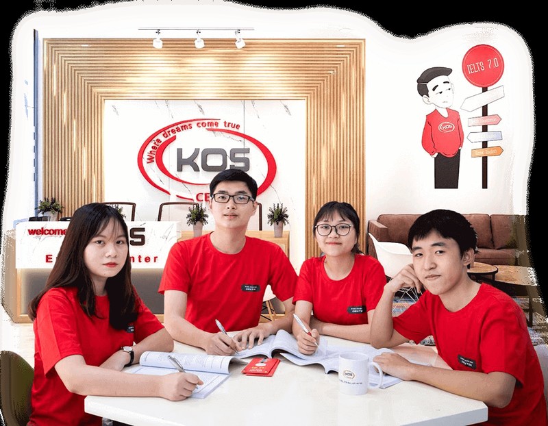Không gian lớp học hiện đại và đội ngũ giảng viên tại KOS English Center Cầu Giấy